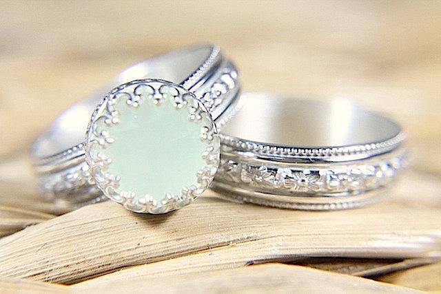 Wedding - Green Chalcedony Wedding Set - Eco Friendly Sterling Silver Floral Band & Engagement Ring