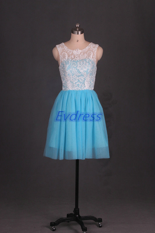 Wedding - Short blue tulle bridesmaid dress cheap bridesmaid gowns cute women dresses for prom party,ivory lace homecoming dresses custom holiday gown