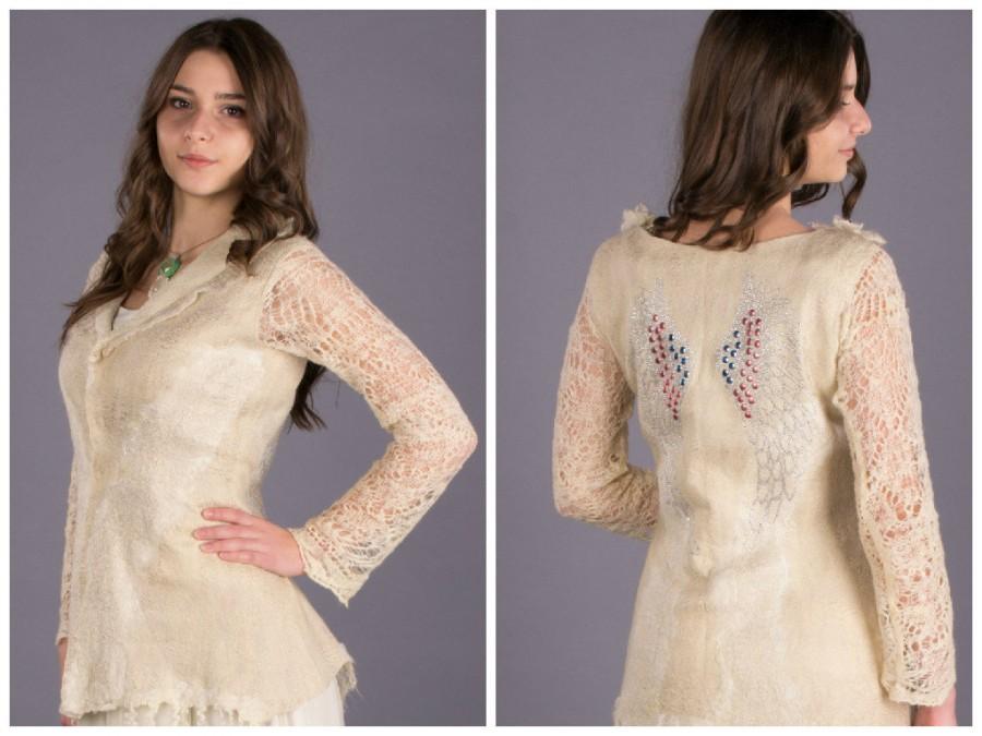 Свадьба - Wedding Felted jacket, ivory bridal jacket ,wool and silk felt, Felted Art, russian shawl, Ukrainian, OOAK  jacket, felted clothing
