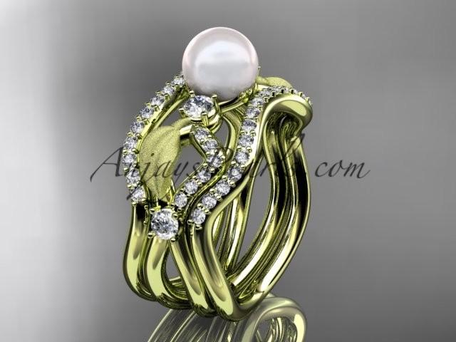 زفاف - 14k yellow gold diamond pearl leaf engagement ring with double matching band AP68S