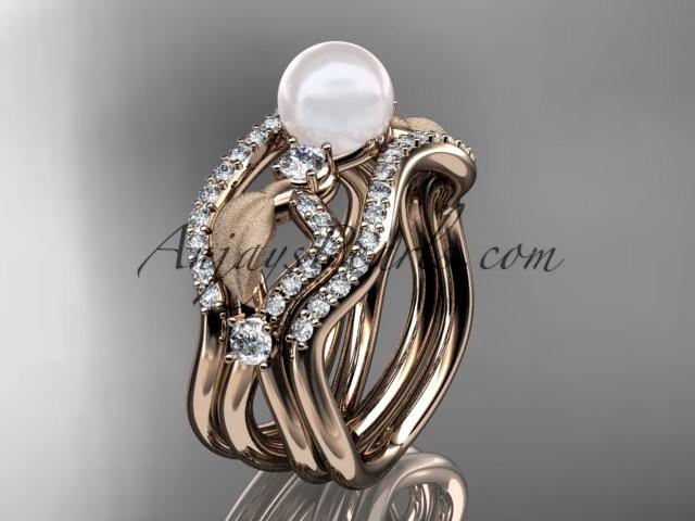 Hochzeit - 14k rose gold diamond pearl leaf engagement ring with double matching band AP68S