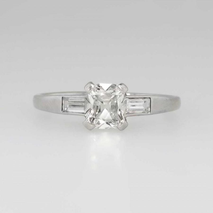 Wedding - Timeless 1.05ct t.w. Cushion Cut & Baguette Diamond Engagement Ring Platinum