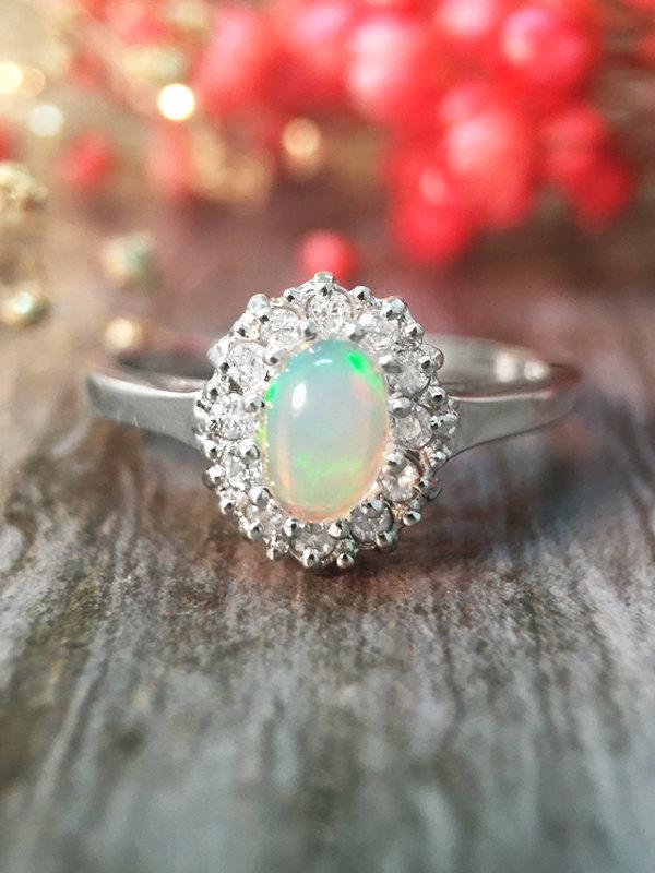 زفاف - Opal and Diamond Halo Engagement <Prong> Solid 14K White Gold (14KW) Affordable Colored Stone Wedding Ring *Fine Jewelry* (Free Shipping)