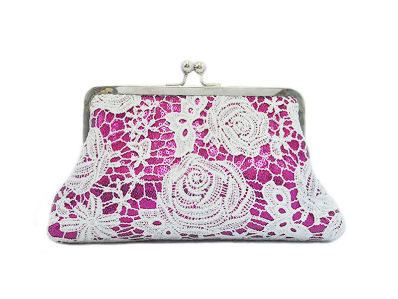 Свадьба - White rose lace in fuschia pink gleaming sequins clutch  /Bridal/Bridesmaid