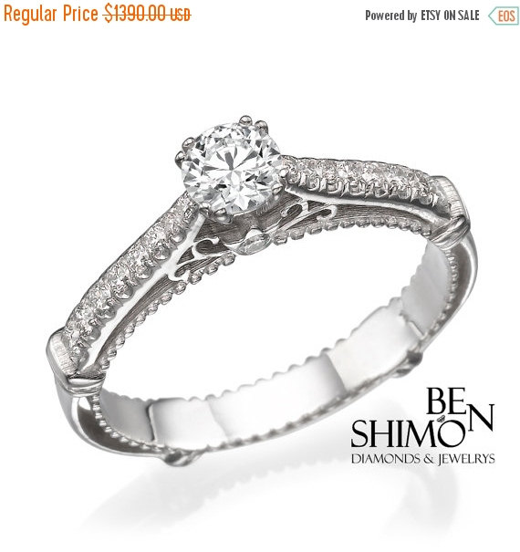 Wedding - SALE Antique-Inspired Engagement Ring Round Cut Diamond 0.30CT F Si1 Very Good Cut, 8 Prong Setting, 14K White Gold Diamond Band Elevated