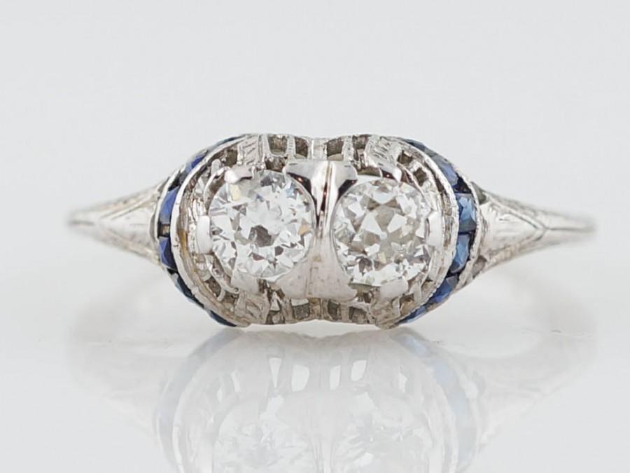 Hochzeit - Antique Engagement Ring Art Deco Two Stone .50 cttw Old European Cut Diamond with Sapphire accents in 18K White Gold