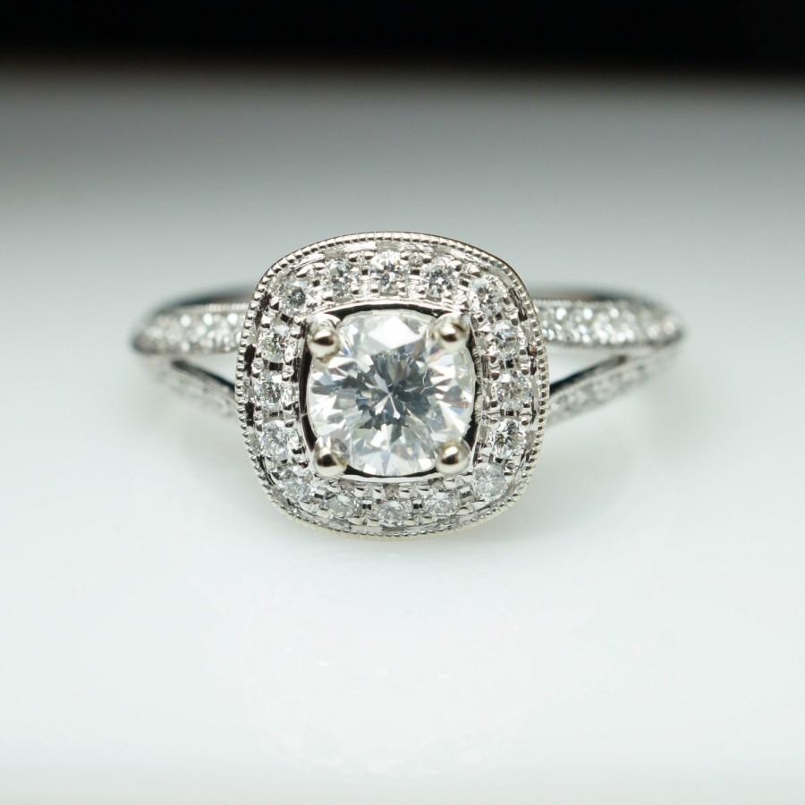 Hochzeit - Large Halo Diamond Engagement Ring 14k White Gold