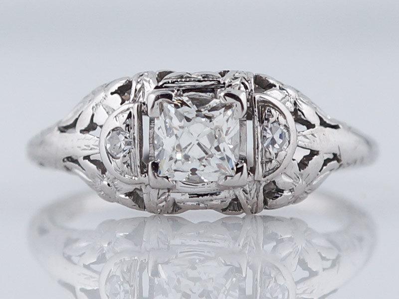 Hochzeit - Antique Engagement Ring Art Deco .45ct French Cut Diamond in 18k White Gold