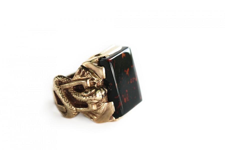 زفاف - Victorian Bloodstone Snake Ring - Antique Gold Mens Signet Ring with Serpents