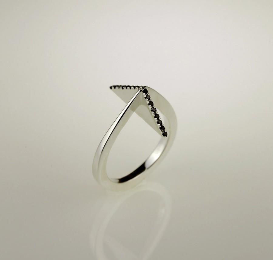 زفاف - Unique 14kt White  gold engagement ring ,Black Diamonds 14K White Gold Ring RG-1054