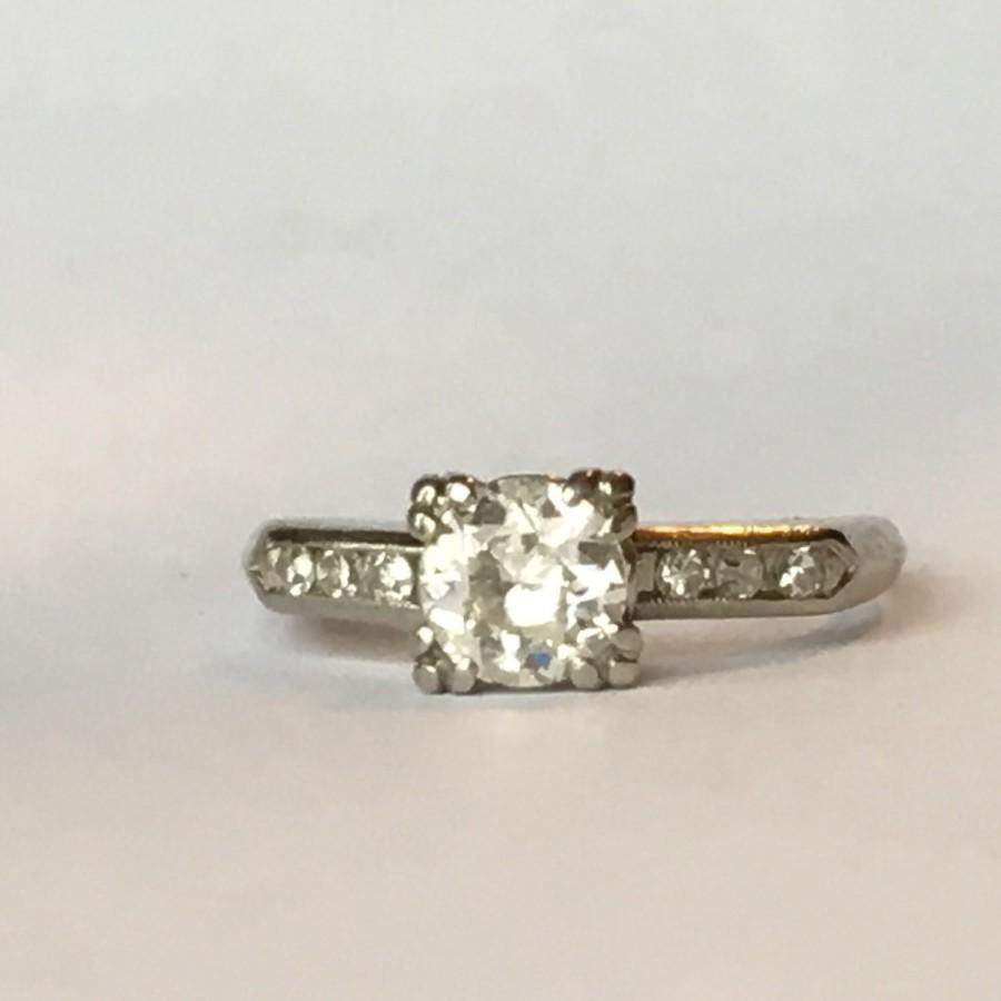 Wedding - Vintage Diamond Engagement Ring with .50 CT Center Stone with F color. Art Deco Platinum Setting . April Birthstone. 10 Year Anniversary.