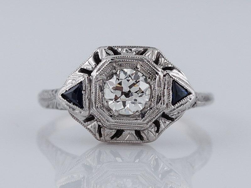Wedding - 1920's Engagement Ring Antique Art Deco .43ct Old European Cut Diamond in 18k White Gold