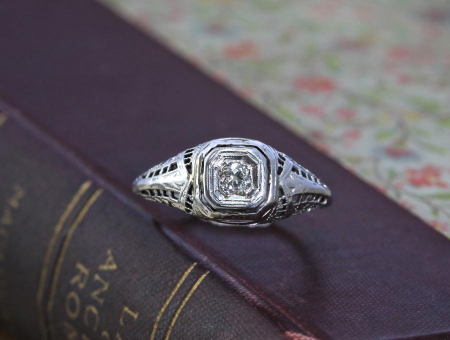 Свадьба - Vintage Diamond Engagement Ring, 18k Antique White Gold Art Deco Filigree Ring Circa 1920, OEC Old European Cut, Ethical Antique Diamond