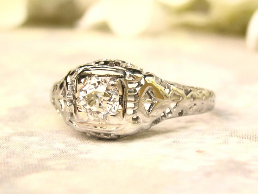 Wedding - Antique Engagement Ring 0.42ct Old Mine Cut Diamond Edwardian/Art Deco Engagement Ring 18K White Gold Filigree Antique Wedding Ring Size 7!