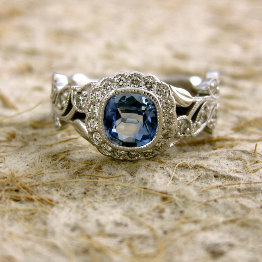 زفاف - Light Blue Sapphire Engagement Ring in 14K White Gold with Diamonds in Flower and Leafs on Vine Size 8