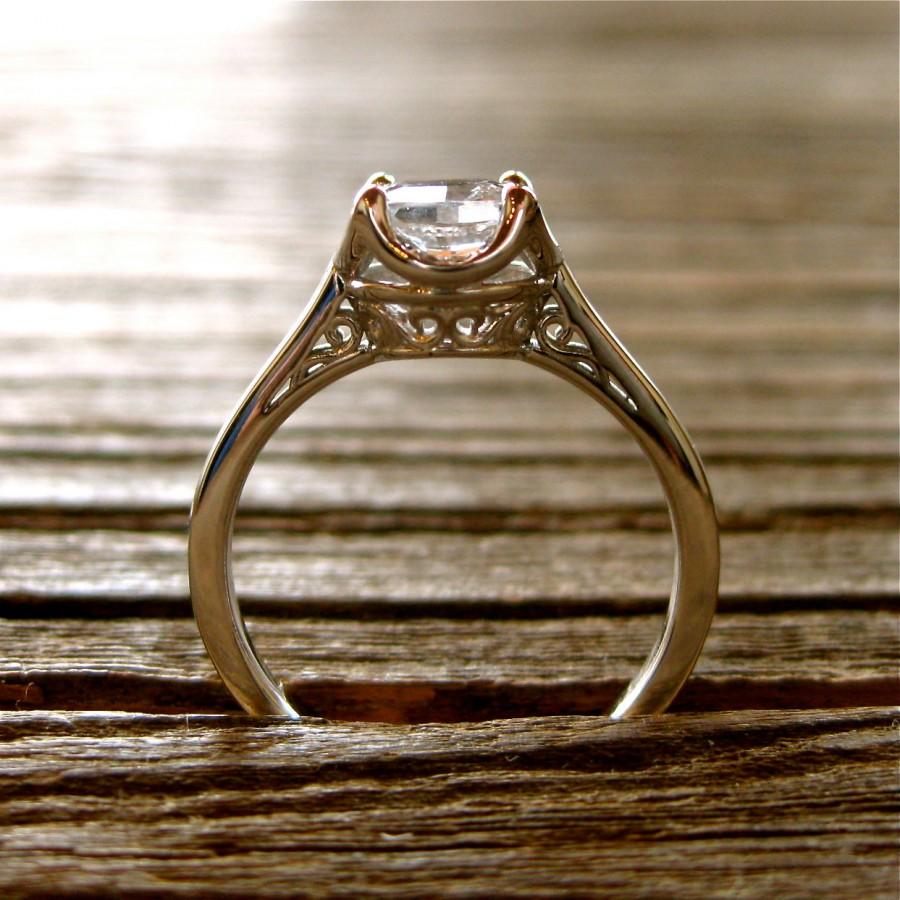 زفاف - White Sapphire Engagement Ring in 14K White Gold with Diamonds Scrolls and Filligree Size 6