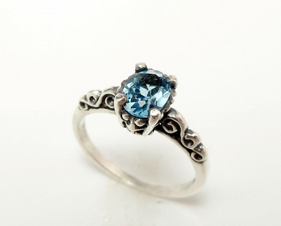 زفاف - Swiss Blue Topaz Engagement Ring - Sterling Silver Gemstone Ring - Filigree Engagement Ring
