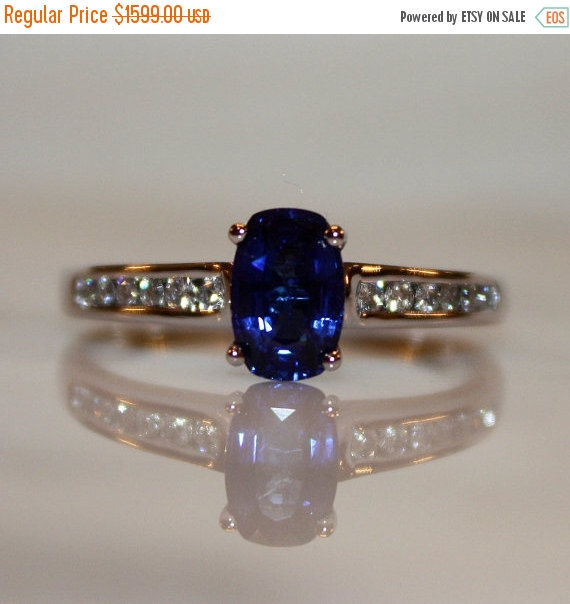 Mariage - SALE- Blue, Ceylon Sapphire1.30cts and .30ct Diamond Engagement Ring, FREE Appraisal Included