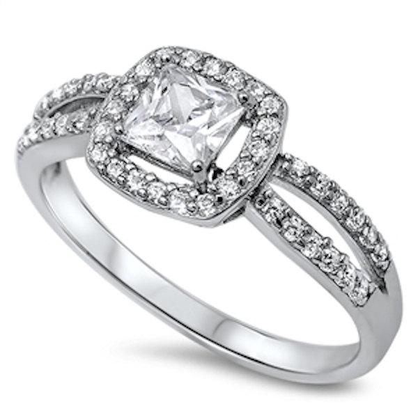 Hochzeit - 0.84 Carat Princess Cut Square Russian Ice Diamond CZ Clear Crystal Split Shank Dazzling 925 Sterling Silver Halo Wedding Engagement Ring
