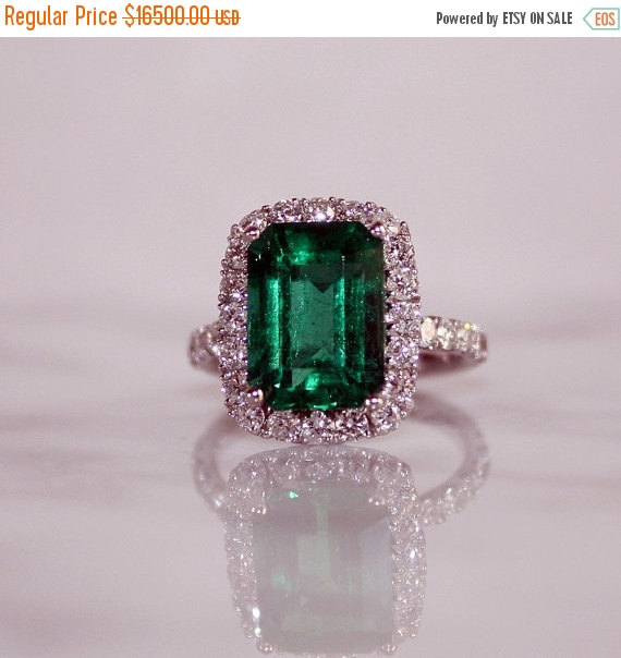 زفاف - SALE- 14K WG, 5.23ct. Natural Emerald and 1.22 ct. Diamond Engagement Ring, Full Lab Report/Appraisal Included