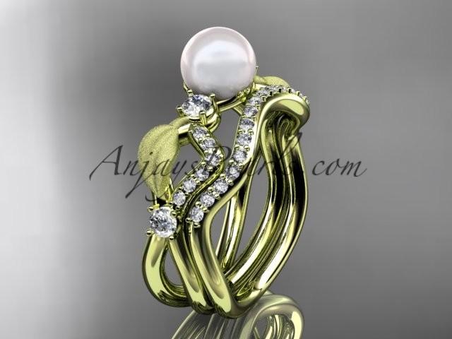 Свадьба - 14k yellow gold diamond pearl leaf engagement set AP68S