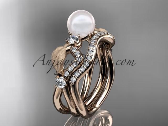 زفاف - 14k rose gold diamond pearl leaf engagement set AP68S