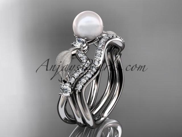 Hochzeit - 14k white gold diamond pearl leaf engagement set AP68S