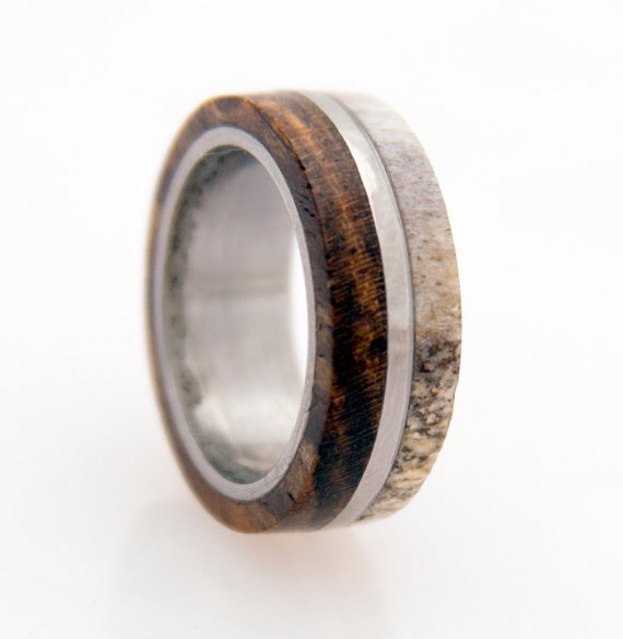 Hochzeit - antler ring titanium ring with wood bocote deer antler band
