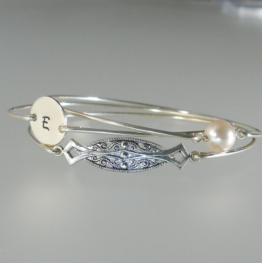 Свадьба - Wedding Jewelry Bracelet Set, Bridesmaid Gift,  Personalized Bangle, Pearl Silver Bracelet, Bridesmaid Gift, Bridesmaid Jewelry (S249S,)