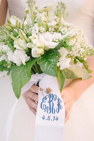 Mariage - custom monogrammed bouquet ribbon WITH WEDDING DATE (3" wide grosgrain), bridal bouquet, bridesmaid bouquet