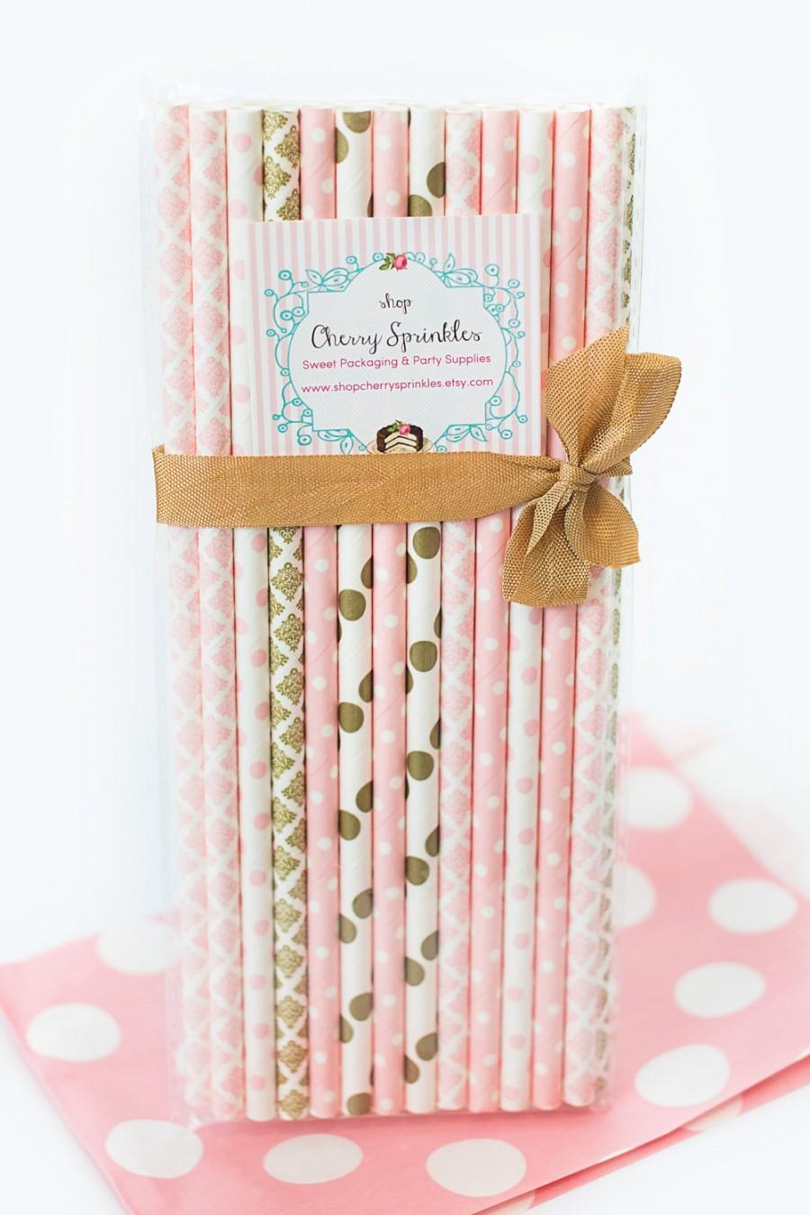 زفاف - PINK TUTUS -Party Supplies -Pinks and Golds  PINK Paper Straws for Baby Girl Showers, Weddings or Bridal Showers Gold Straws