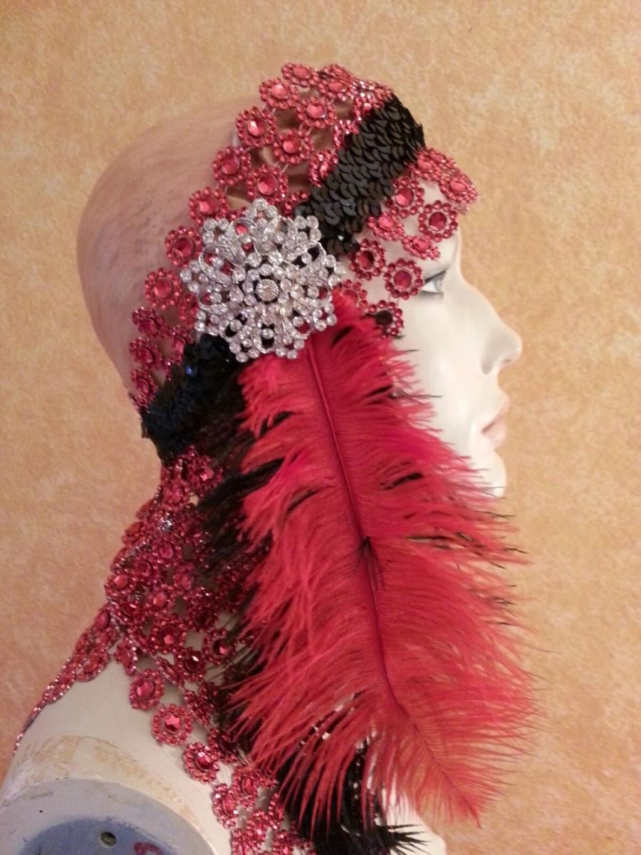 Hochzeit - Gatsby Goddess Red Silver & Black Illusion Jewel Mesh Crystal Brooch Bridal Headpiece Wedding Party Costume