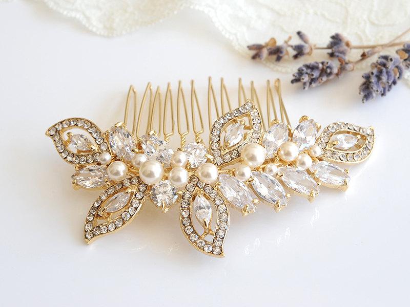 زفاف - Gold Bridal Hair Comb, Swarovski Pearl Wedding Hair Comb, Crystal Leaf Bridal Headpiece, Wedding Hairpiece, CZ Bridal Hair Clip, AUGUSTINA