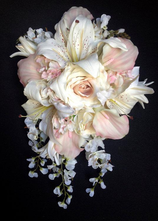 Hochzeit - Cascading Bride's Bouquet with Blush Pink Calla Lilies and Hydrangeas, Creamy Roses, Wisteria and Tiger Lilies