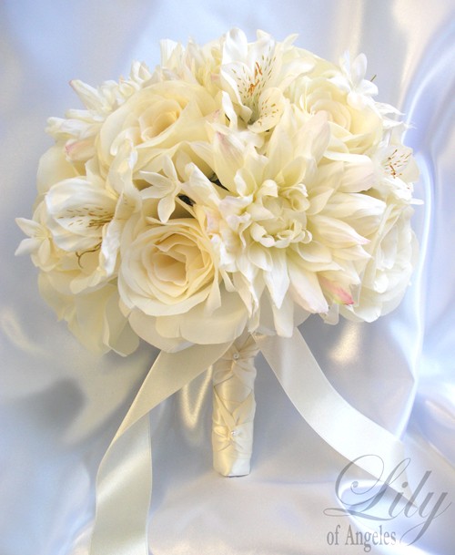 Hochzeit - 17 Piece Package Wedding Bridal Bride Maid Of Honor Bridesmaid Bouquet Boutonniere Corsage Silk Flower IVORY "Lily Of Angeles" Free Shipping