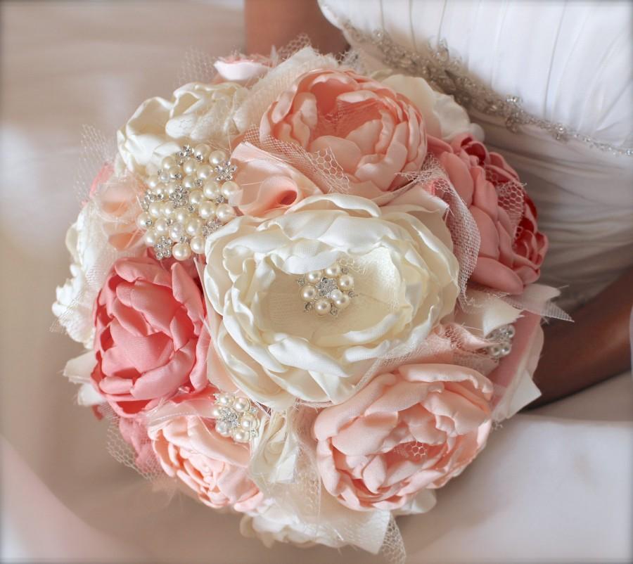 Hochzeit - BROOCH BRIDAL BOUQUET- Pink Fabric Wedding Bridal Bouquet, Pink Brooch Bridal Bouquet