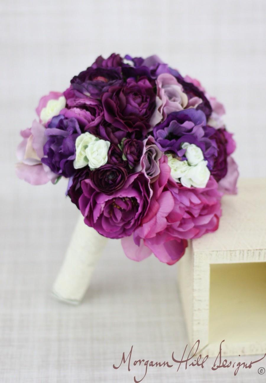 Mariage - Silk Bride Bridesmaid Bouquet Roses Ranunculus Anemone Purple Lavender Violet Country Wedding Lace (Item Number 130120)