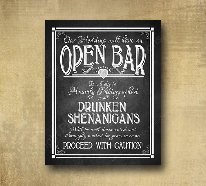 Hochzeit - Printed Open Bar Drunken Shenanigans wedding bar sign - chalkboard signage -  with optional add ons