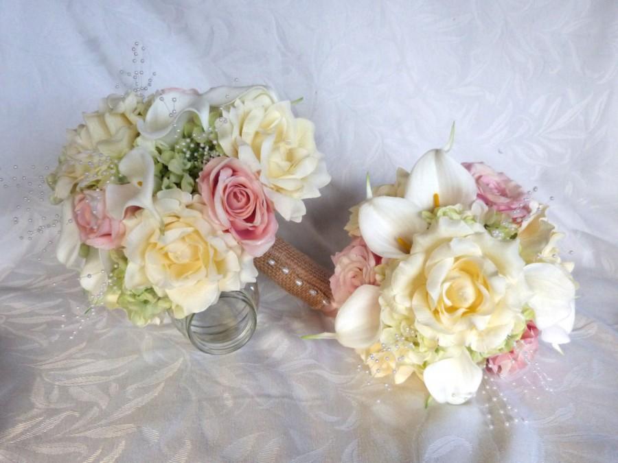 Mariage - Wedding bouquets and boutonnieres pink blush roses ivory roses white calla lilies green hydrangea