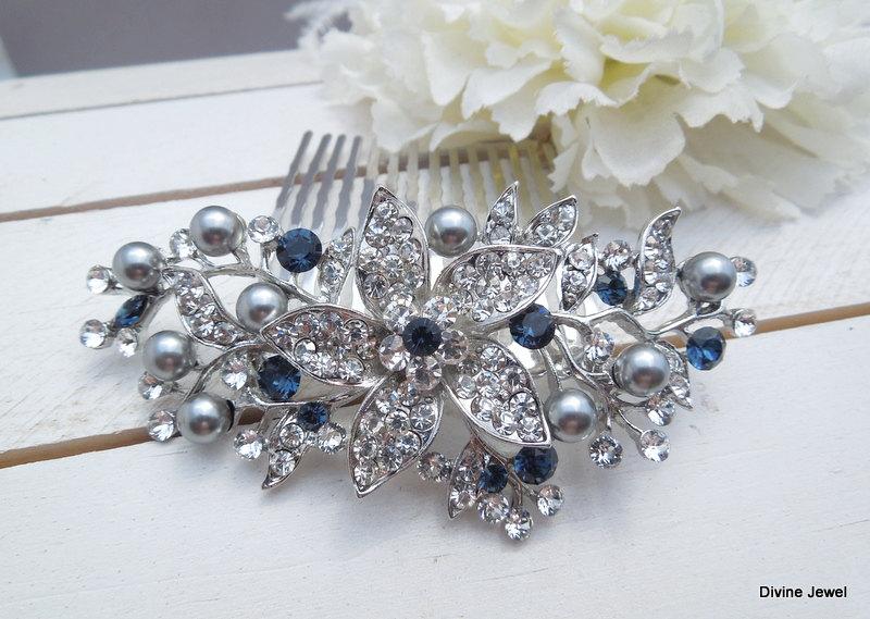 Hochzeit - Blue Swarovski Crystal and Pearl Wedding Comb,Wedding Hair Accessories,Vintage Style Flower and Leaf Rhinestone Bridal Hair Comb,Pearl,KATY