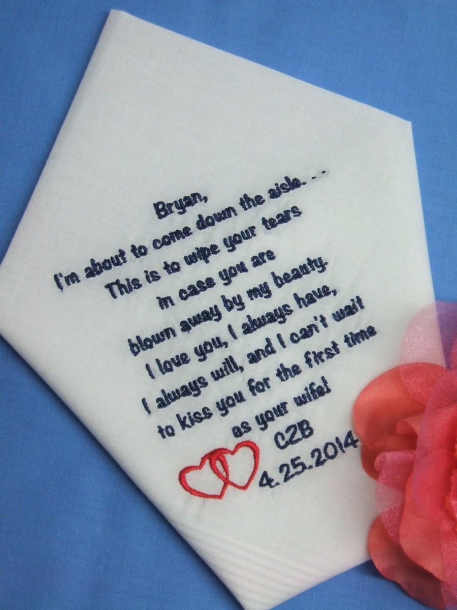 Hochzeit - GROOM gift from BRIDE Custom Embroidered "I'm About to Come Down the Aisle" Romantic Wedding Personalized Hankie Hanky - 50 words