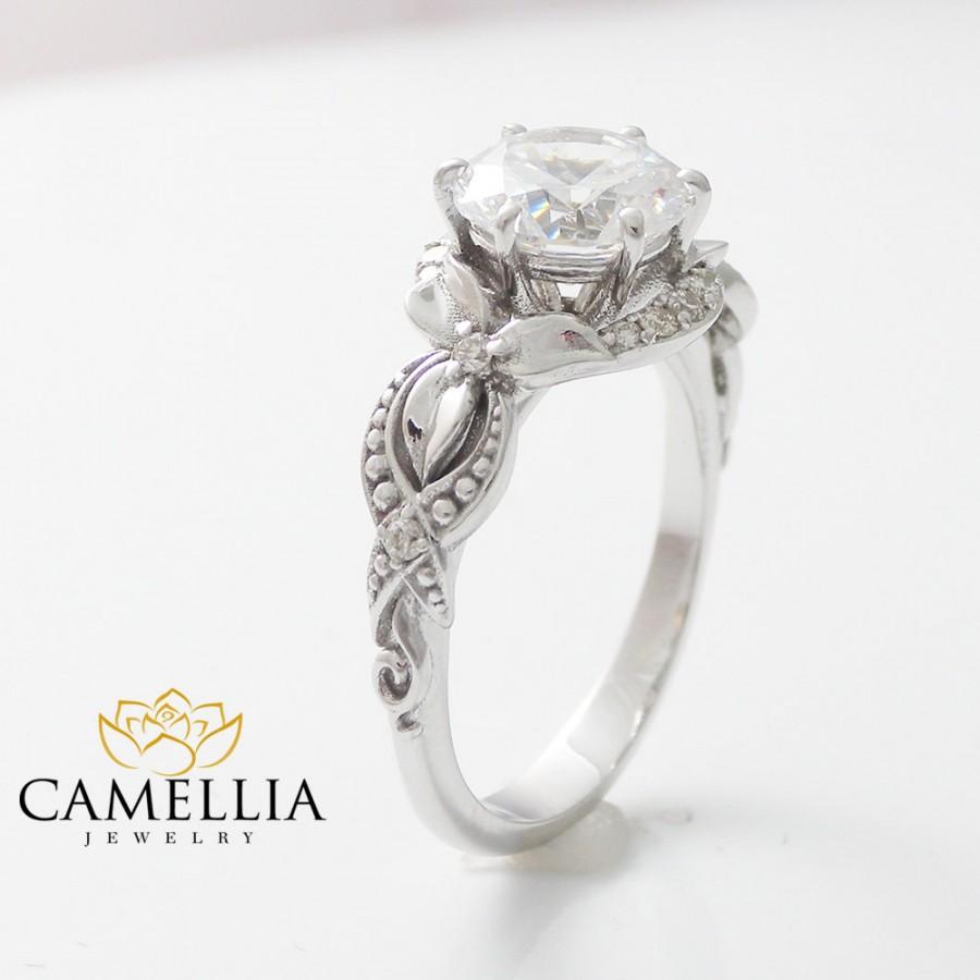 زفاف - Unique Engagement Ring 14K White Gold Diamond Ring Leaf Engagement Ring Unique Diamond Ring