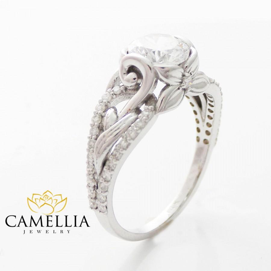 Hochzeit - Round Diamond Engagement Ring 14K White Gold Floral Engagement Ring Round Cut Engagement Ring White Gold Engagement Ring