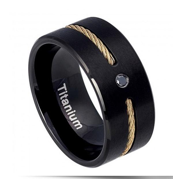 زفاف - 10MM Men's Wedding Engagement Band Matte Finish Black Titanium Ring with Rose Gold IP Stainless Steel Rope Inlay 0.05 Carat Black Diamond