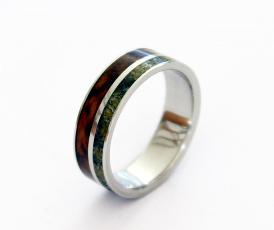 Wedding - Titanium mens ring with snakewood and amber inlay