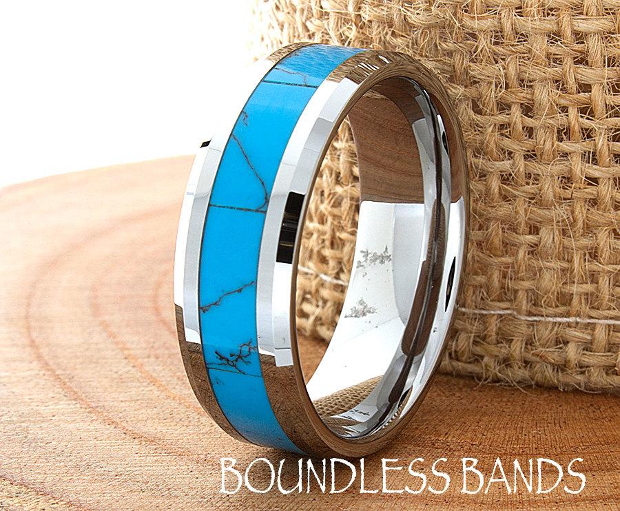 Hochzeit - Turquoise Wedding Band Flat High Polished Beveled Customized Tungsten Band Any Design Laser Engraved Ring Mens Turquoise Ring Modern New 8mm