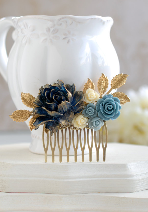 Hochzeit - Dark Blue Navy Blue Flower Hair Comb, Gold Dusky Blue Ivory Rose Gold Leaf Hair Comb, Navy Blue Wedding Something Blue Wedding Bridal Comb