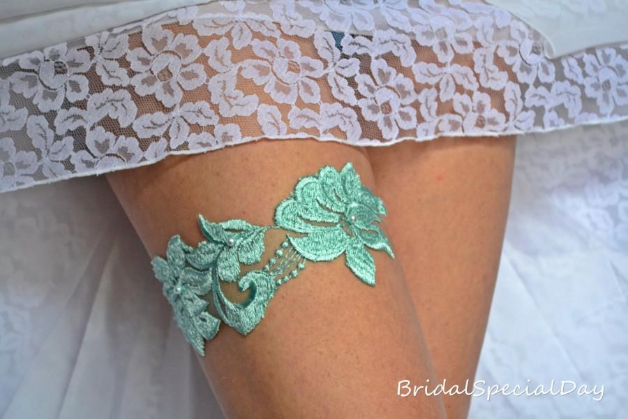 Свадьба - Mint Lace Wedding Garter Appliqued Bridal Garter With Pearls - Handmade