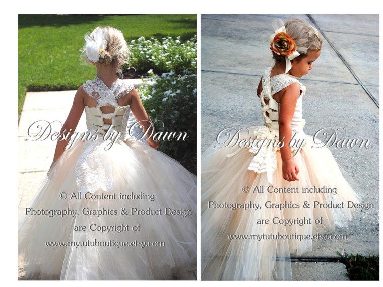 Mariage - Custom Handmade Champagne Flower Girl Dress with lace overlay! Corset, tutu skirt with train & hair clip.