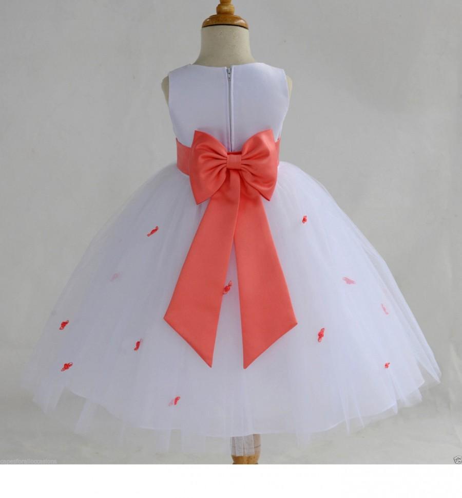 Hochzeit - White Coral Rosebud Flower girl dress tiebow sash pageant wedding bridal recital tulle bridesmaid toddler sizes 12-18m 2 4 6 8 10 12 